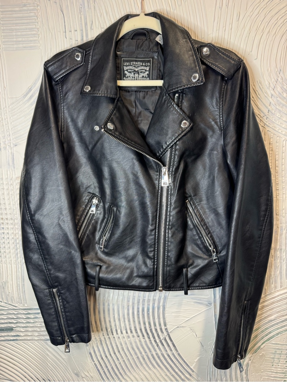 Levi's Black Leather Biker Jacket with Asymmetrical Zip